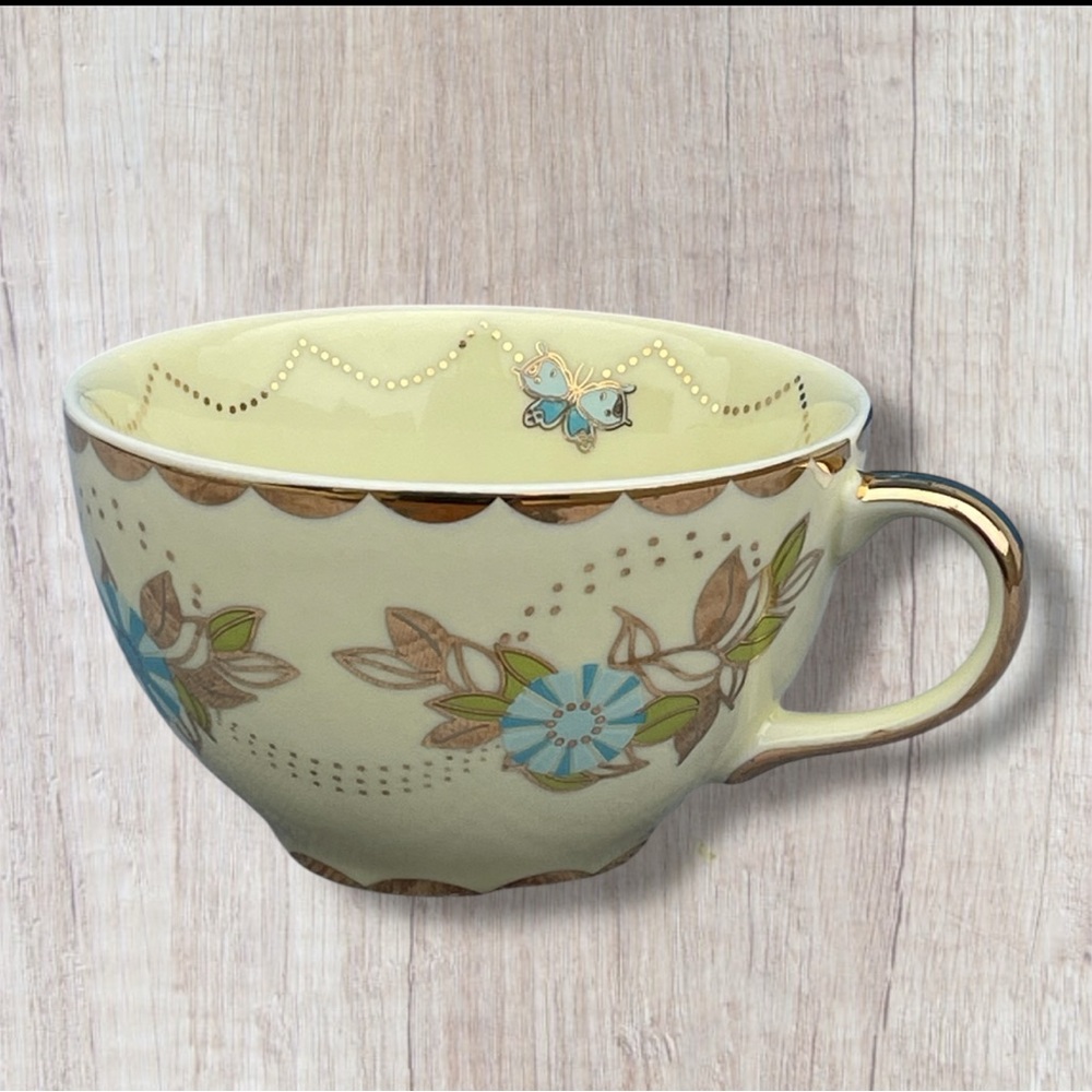 Anthropologie Gold Details Blue Flowers Butterfly Buttercream Coffee Tea Cup